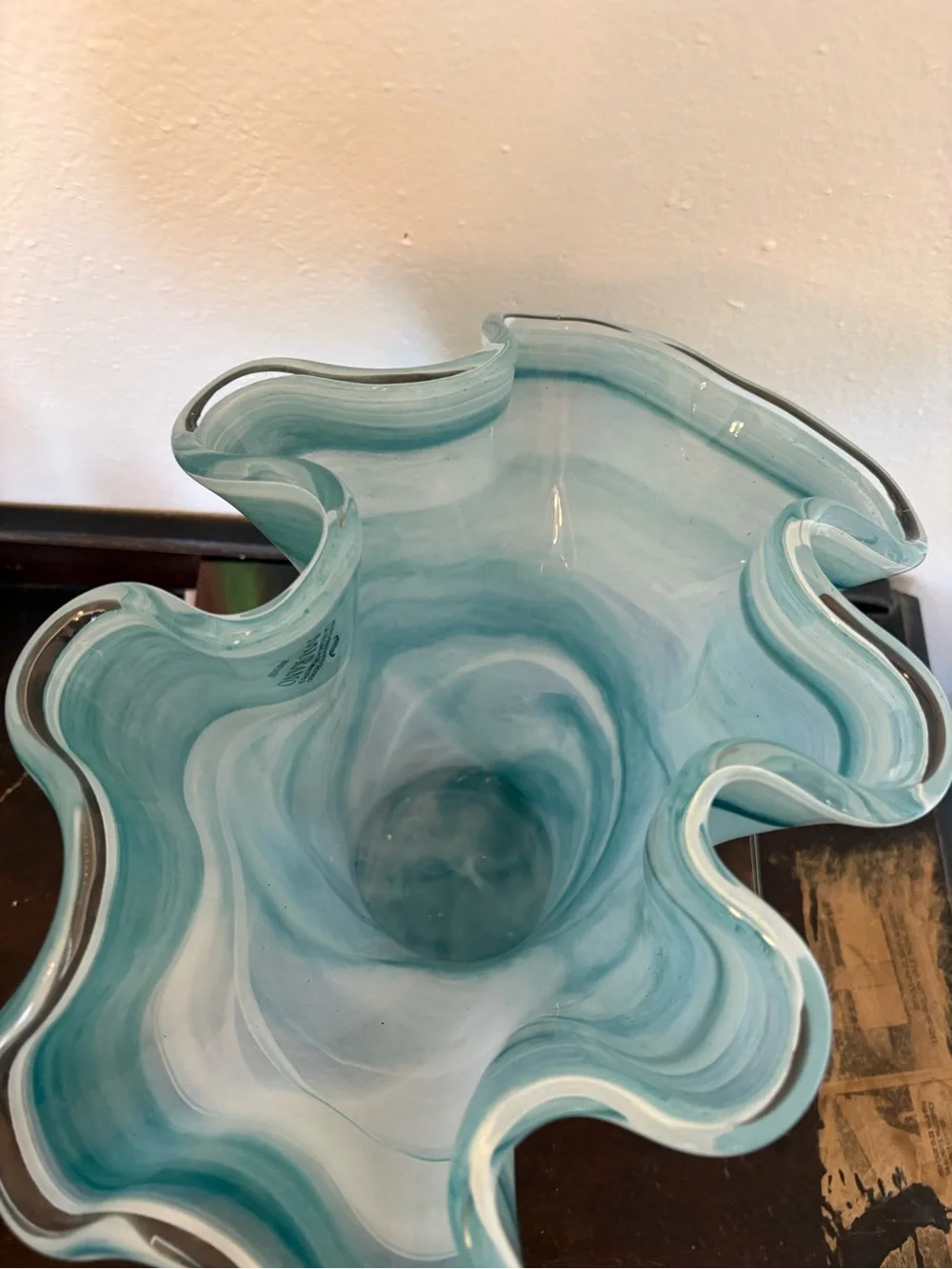 Murano Italy || Large Art Glass Vase Fan Ruffle Light Blue Aqua White 12” Tall